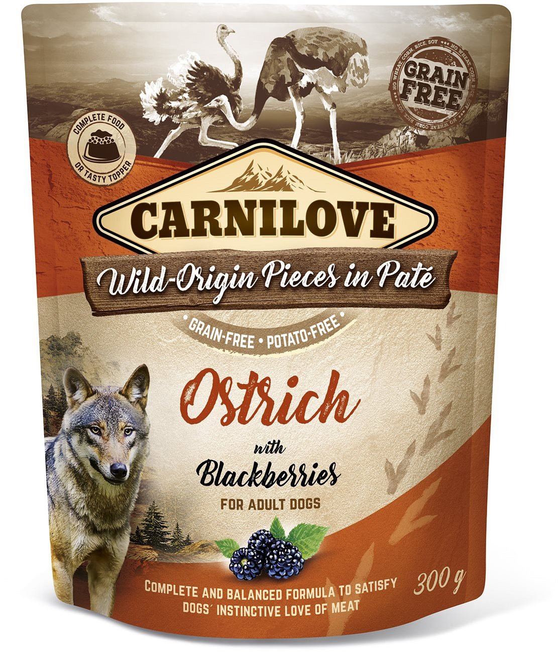 Kapsička pro psy Carnilove Dog Pouch Paté Ostrich with Blackberries 300 g