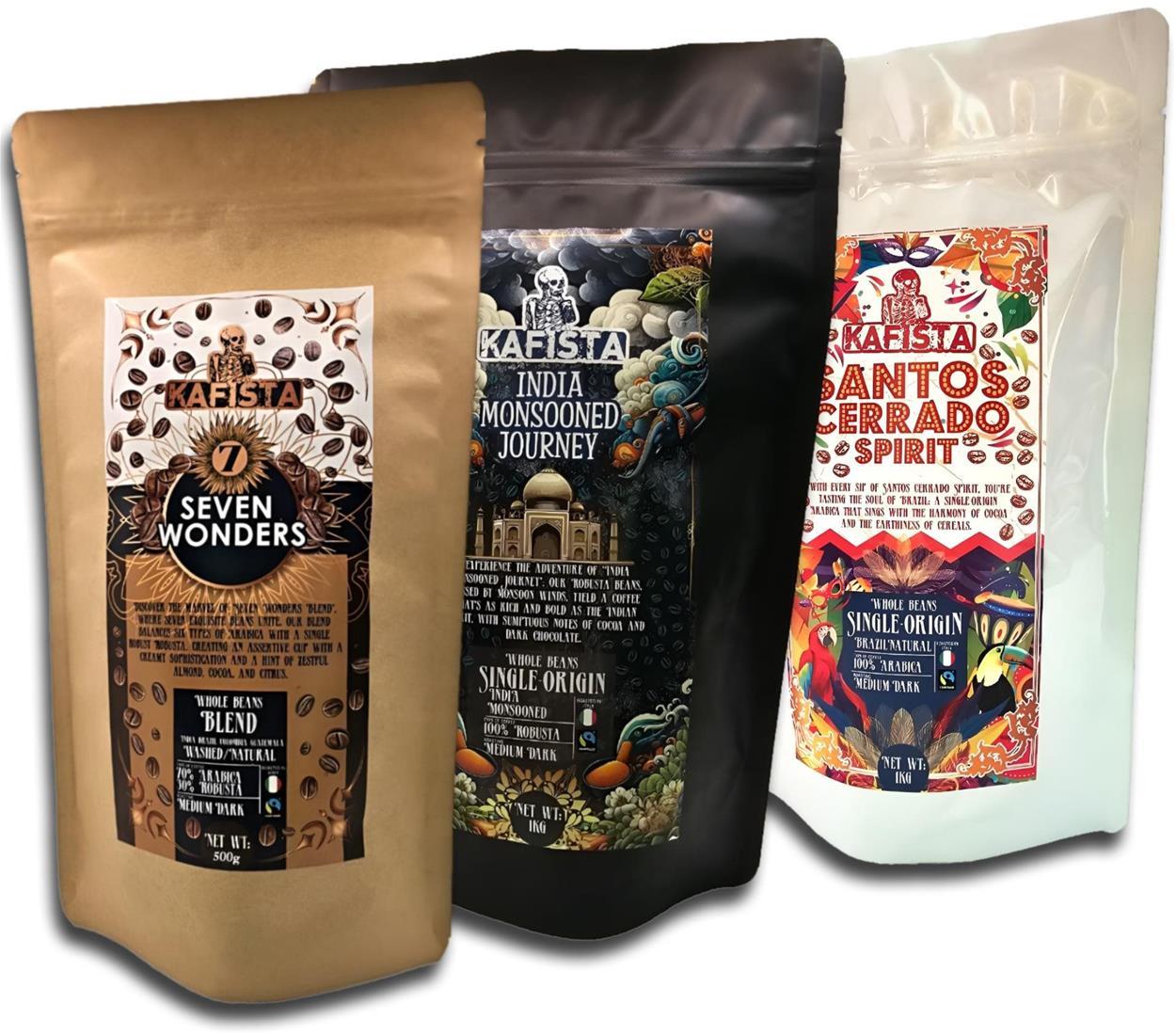 Kafista sada zrnkových káv - Monzunová Robusta, Brazílská Arabica & Seven Wonders Směs 3 × 500 g