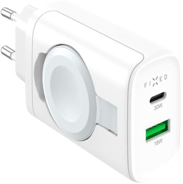 Nabíječka do sítě FIXED Power Socket s USB-A a USB-C a vyklápěcí nabíječkou pro Apple Watch 33W bílá
