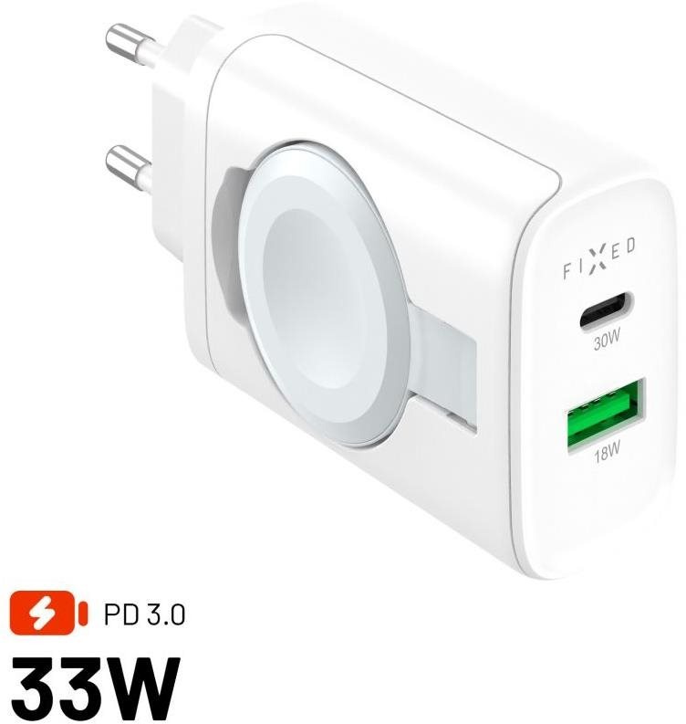 Nabíječka do sítě FIXED Power Socket s USB-A a USB-C a vyklápěcí nabíječkou pro Apple Watch 33W bílá