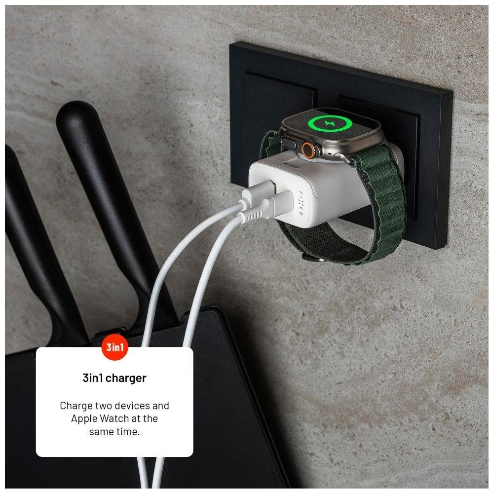 Nabíječka do sítě FIXED Power Socket s USB-A a USB-C a vyklápěcí nabíječkou pro Apple Watch 33W bílá