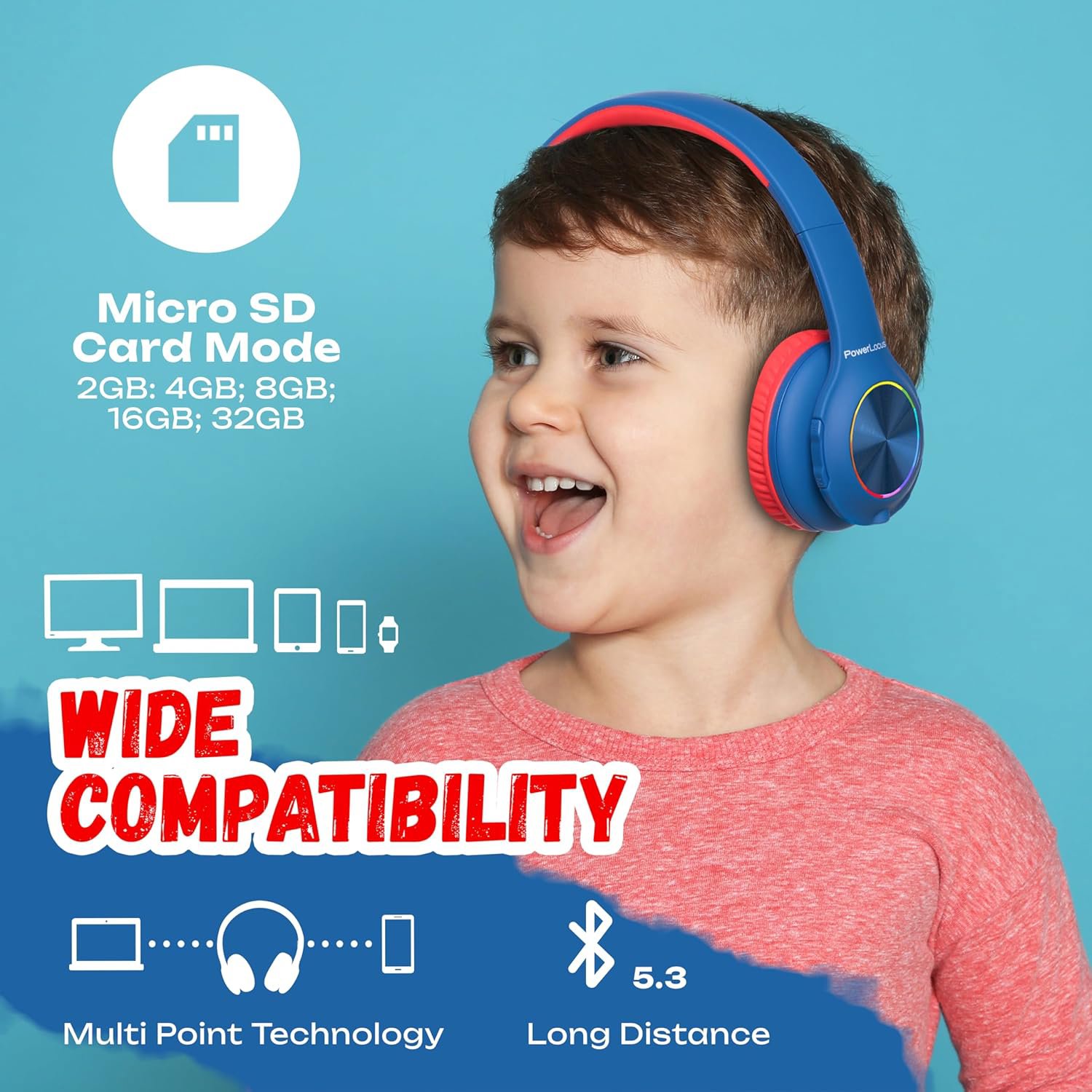 PowerLocus PLED Blue/Red wireless headphones