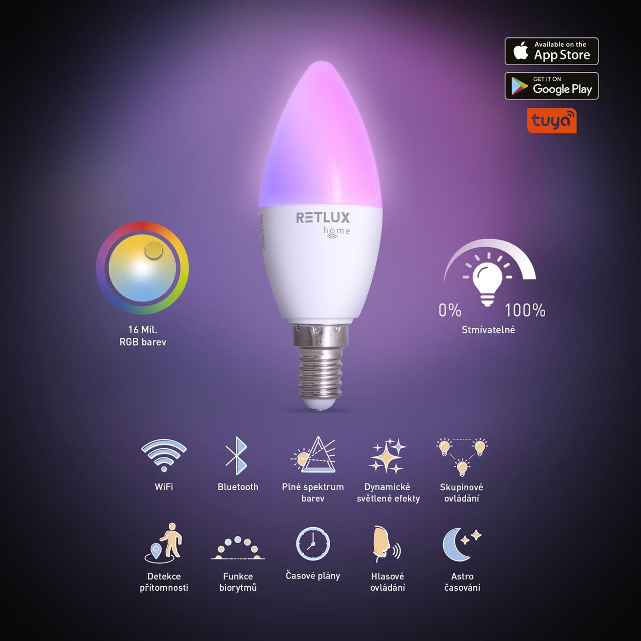Smart LED žiarovka RETLUX RSH 100 C37, E14, 4,5 W, RGB, CCT