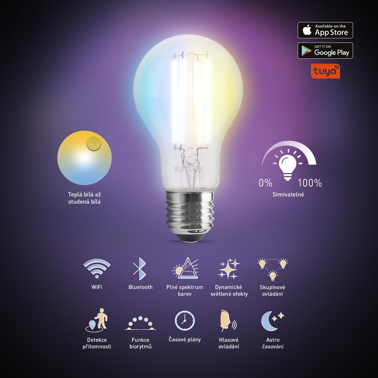 LED smart žiarovka RETLUX RSH 102 A 60, E27, 9 W, RGB, CCT