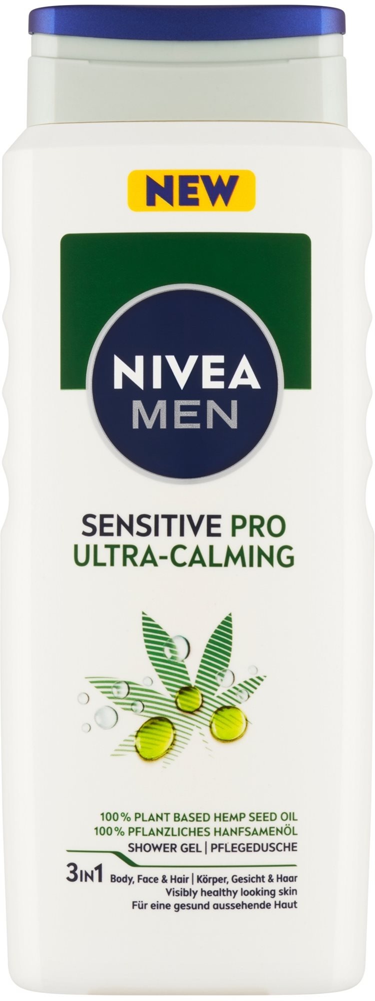 Sprchový gel NIVEA Men Sensitive Pro Ultra calming je ve variantě 3 v 1 určený na vlasy, tvář i tělo