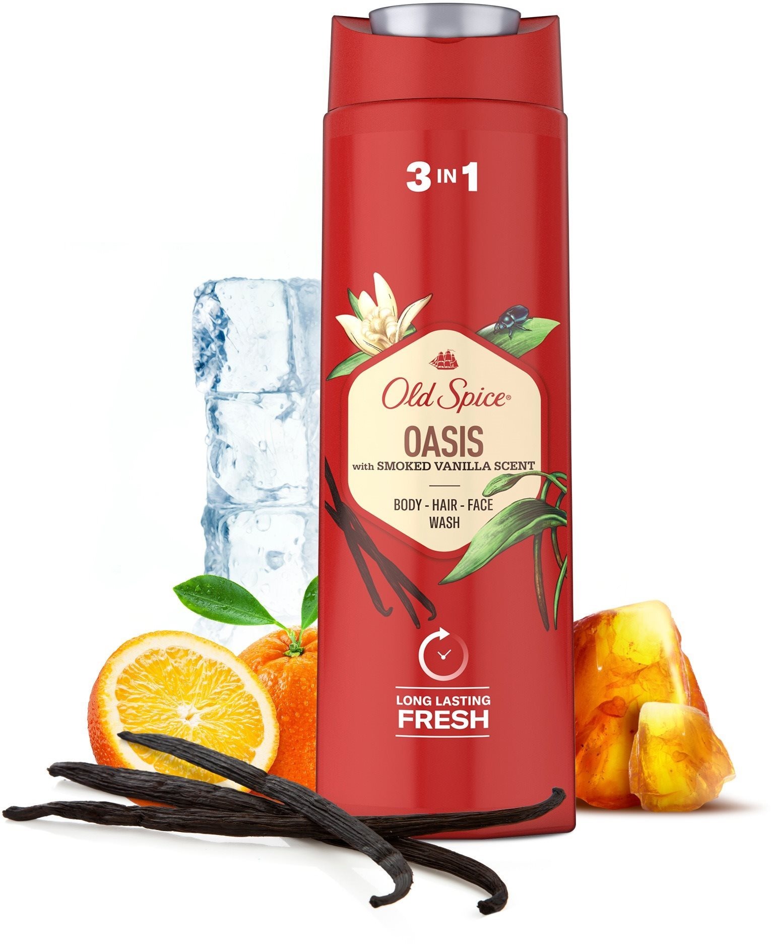 Sprchový gel Old spice Oasis vás po každém umytí obohatí smyslnými tóny kouřové vanilky a jantaru