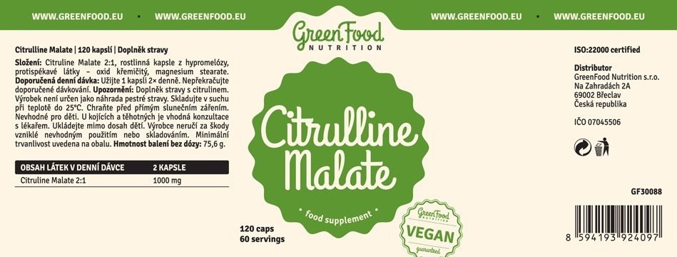 Aminokyseliny GreenFood Nutrition Citrulline Malate 120 ks