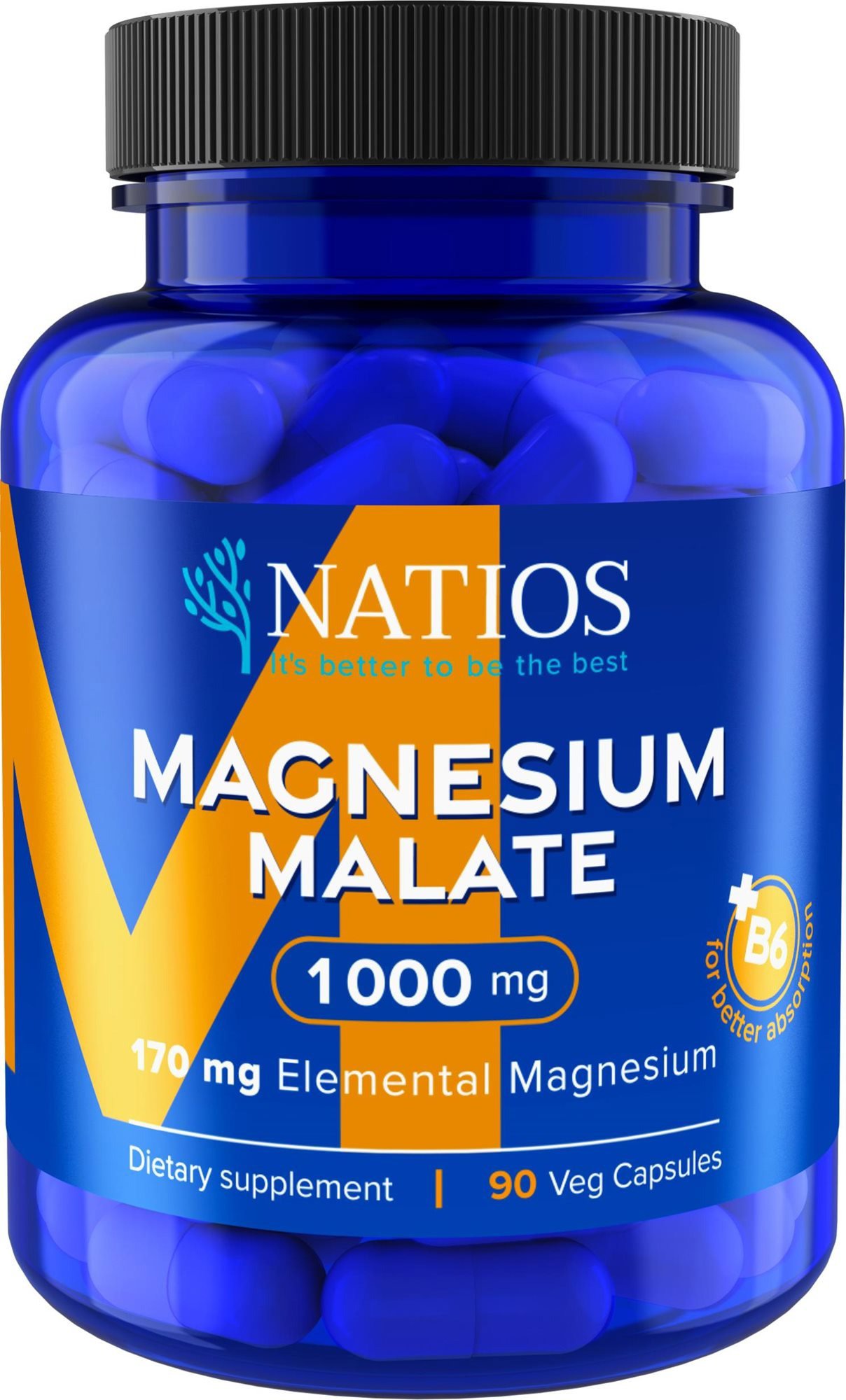 NATIOS Magnesium Malate 1000 mg + B6, 90 veg. kapslí, (elem. hořčík 170 mg)