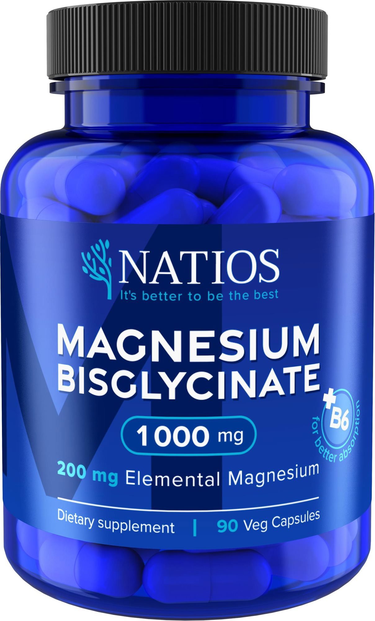 NATIOS Magnesium Bisglycinate 1000 mg + B6, 90 veg. kapslí, (elem. hořčík 200 mg)