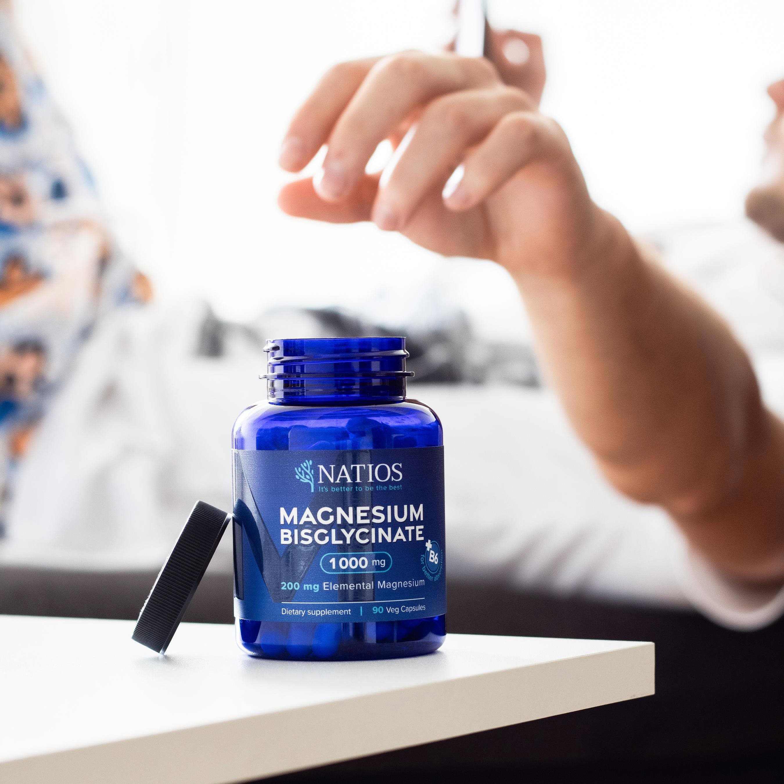 NATIOS Magnesium Bisglycinate 1000 mg + B6, 90 veg. kapslí, (elem. hořčík 200 mg)