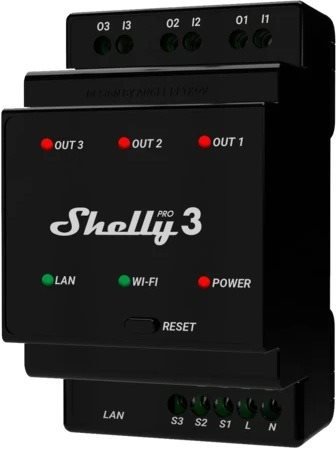 Switch Shelly Pro 3, switch module 3x 16A on DIN rail, WiFi, LAN