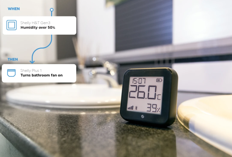 Shelly Gen3 H&T detector, battery operated temperature and humidity sensor with display, WiFi, black