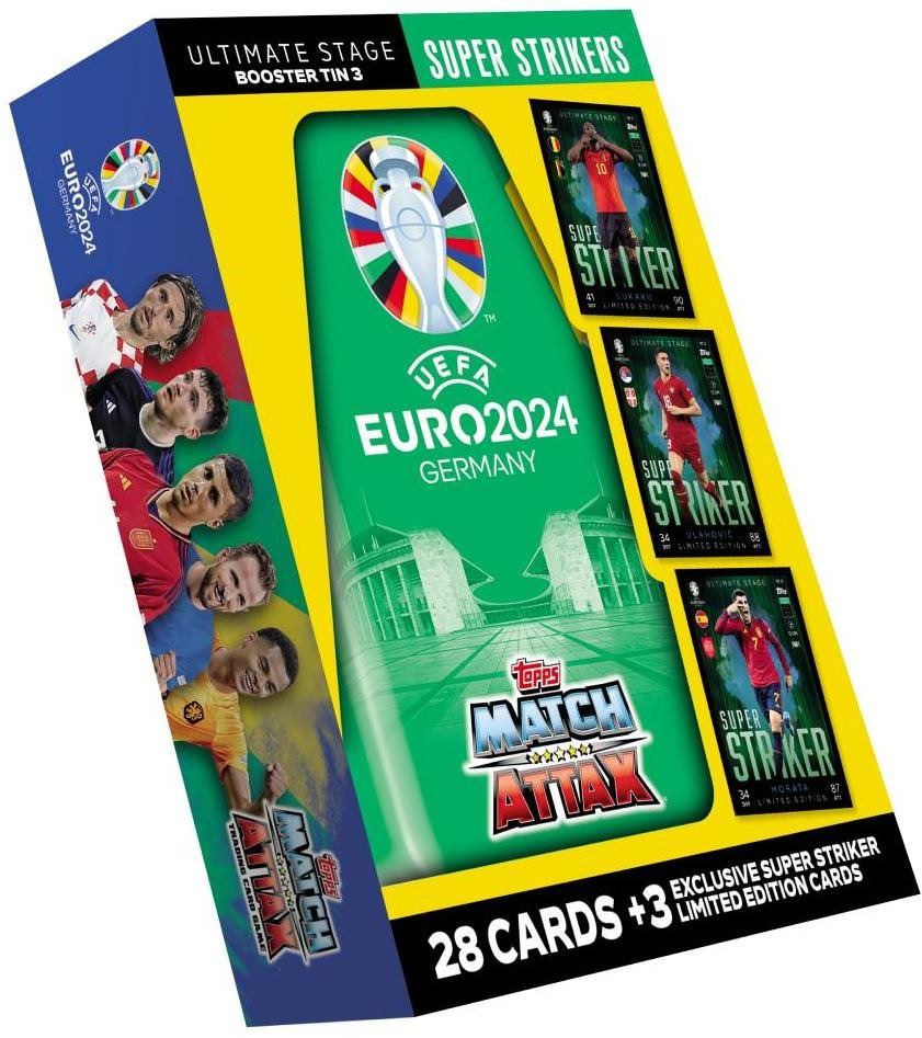 Zberateľské karty Topps Škatuľka kariet Euro 2024 Booster Tin Super Strikes