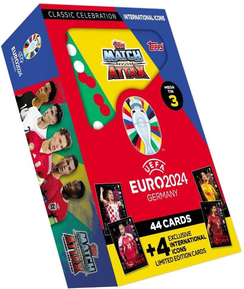 Zberateľské karty Topps Škatuľka kariet Euro 2024 Mega Tin International Icons