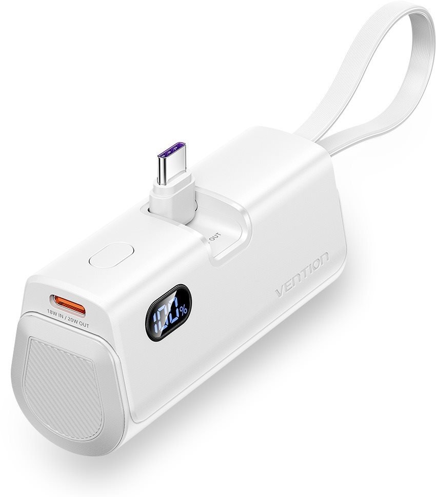 Powerbanka Vention LED Display 4800mAh Power Bank (USB-C + Lightning + USB-C) 22.5W White Foldable USB-C Type