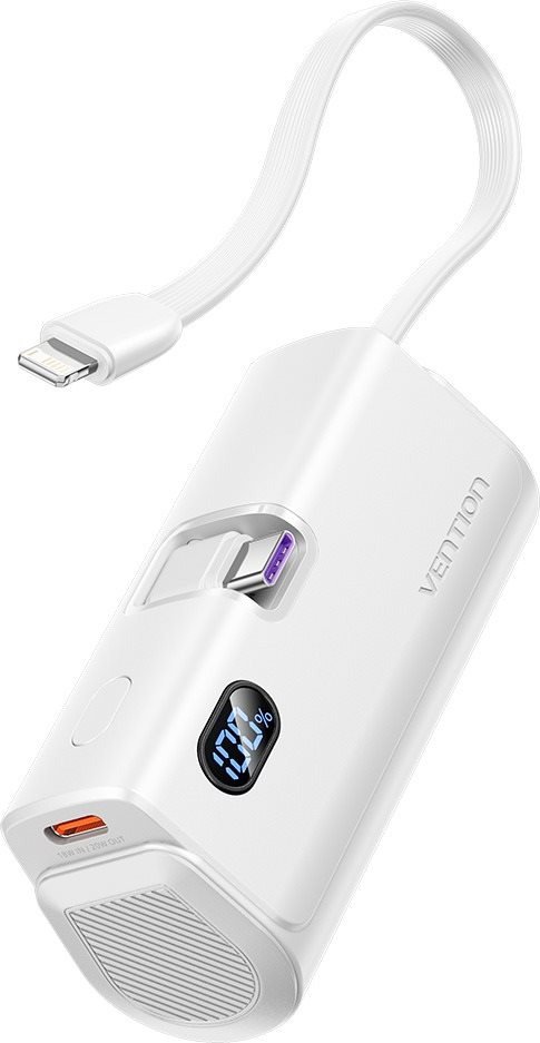 Powerbanka Vention LED Display 4800mAh Power Bank (USB-C + Lightning + USB-C) 22.5W White Foldable USB-C Type