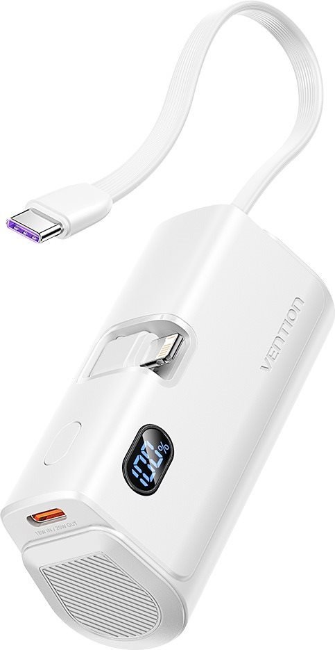 Powerbanka Vention LED Display 4800mAh Power Bank (USB-C + Lightning + USB-C) 22.5W White Foldable Lightning Type