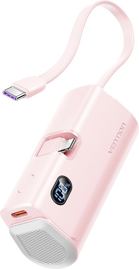 Powerbanka Vention LED Display 4800mAh Power Bank (USB-C + Lightning + USB-C) 22.5W Pink Foldable Lightning Type
