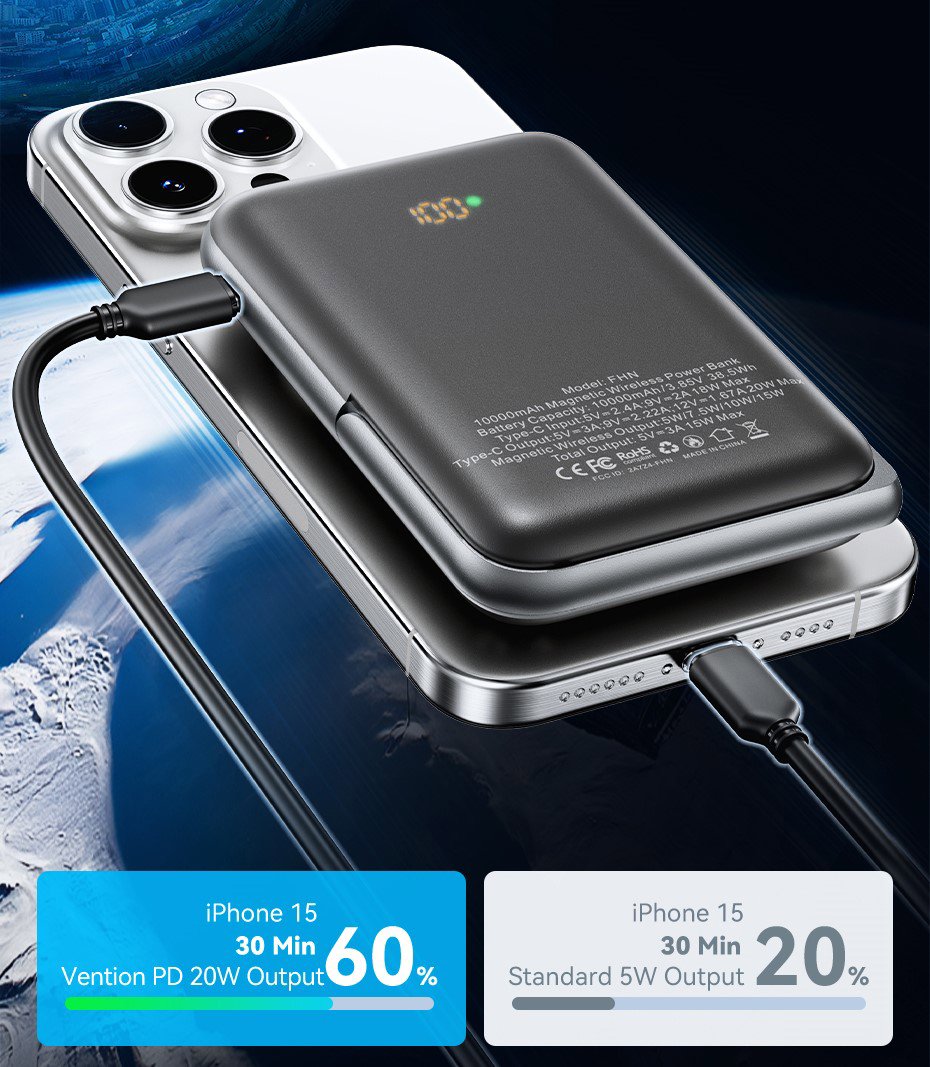 Powerbanka Vention 10000mAh Magnetic Wireless Power Bank (USB-C + Wireless) 20W Black