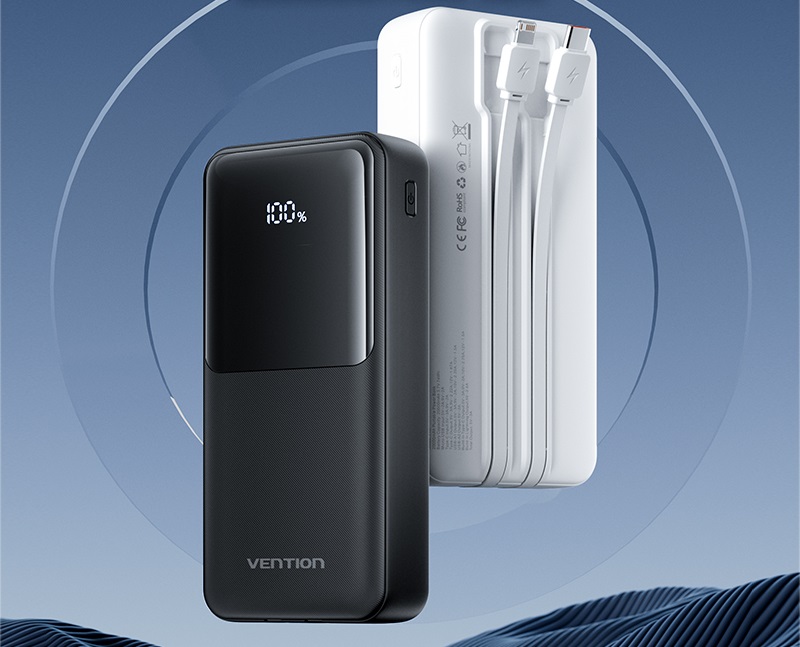 Powerbanka Vention 20000mAh Power Bank with Integrated USB-C and Lightning Cables 22.5W Black LED Display Type