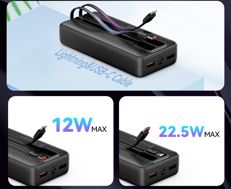 Powerbanka Vention 20000mAh Power Bank with Integrated USB-C and Lightning Cables 22.5W Black LED Display Type