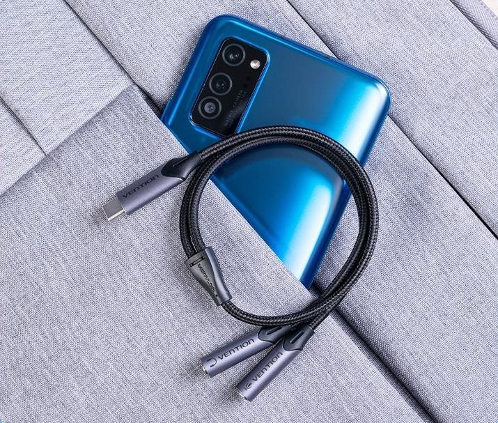 Redukce Vention USB-C Male to TRS Audio & Mic Jack 0.3M Gray Aluminum Alloy Type