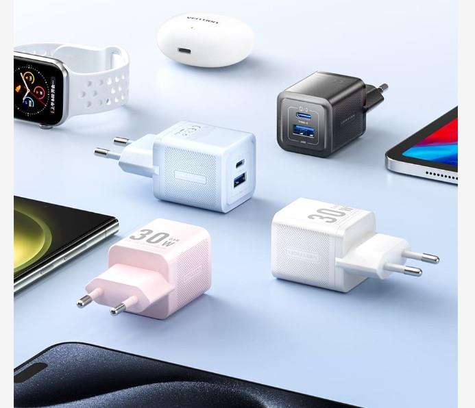 Nabíječka do sítě Vention 2-Port USB (C + A) GaN Charger (30W/30W) EU-Plug Black