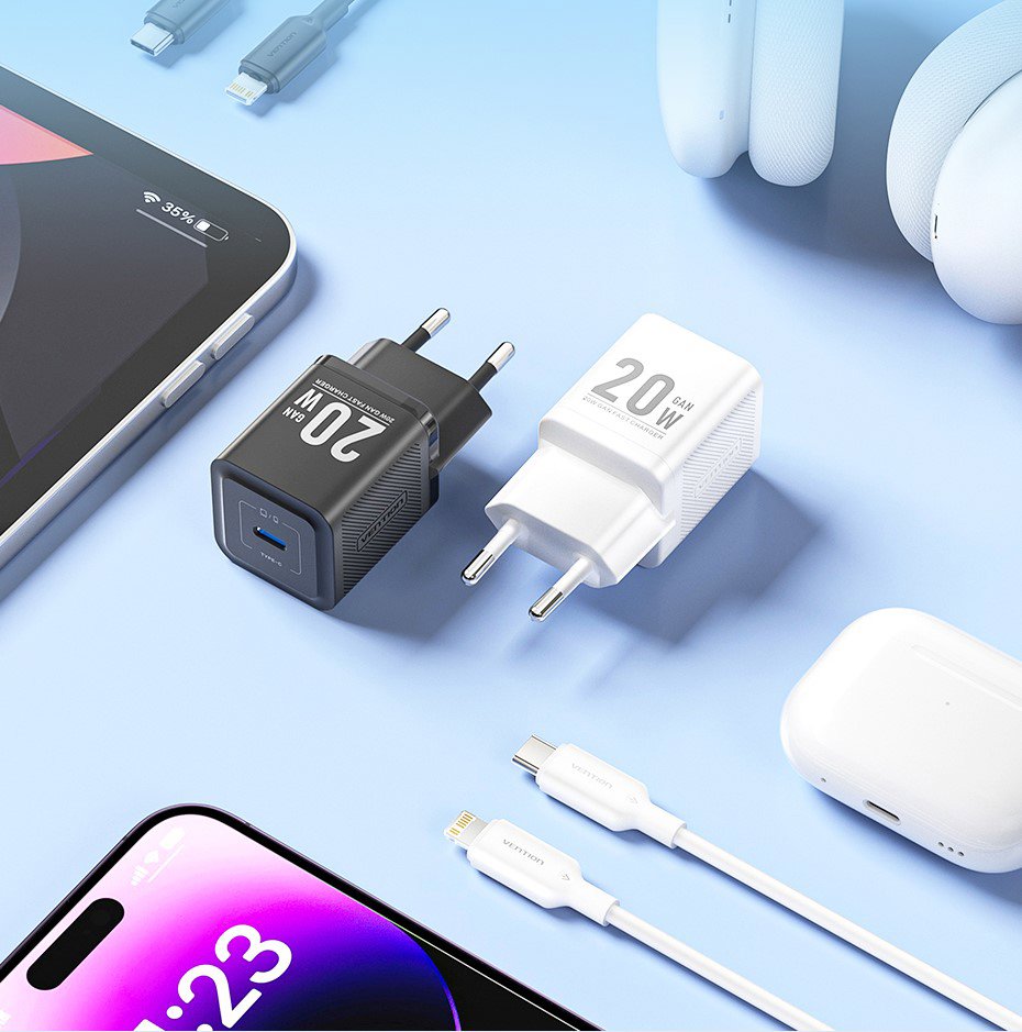 Nabíječka do sítě Vention 1-Port USB-C GaN Charger (20W) with USB-C to Lightning Cable (1M) EU-Plug Black