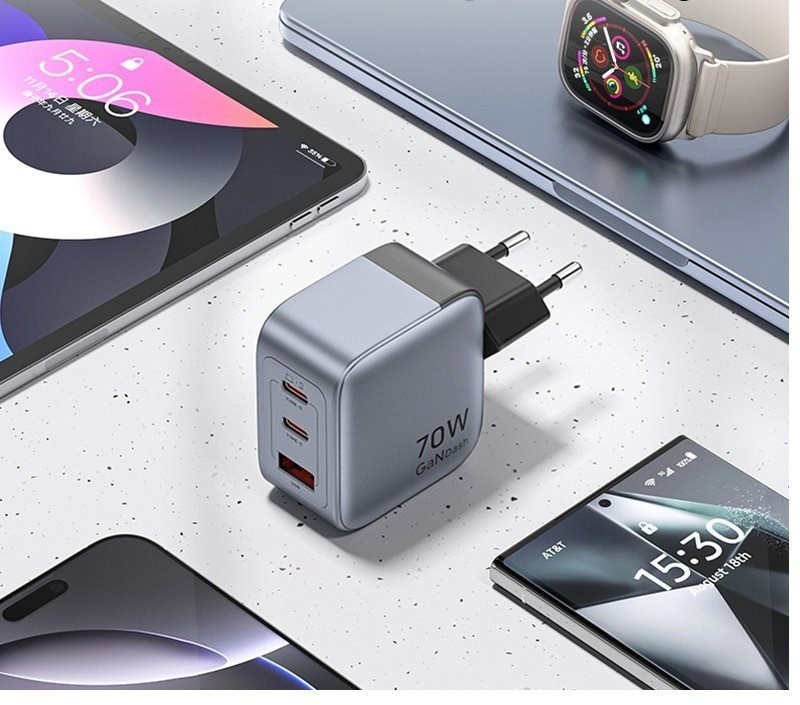 Nabíječka do sítě Vention 3-Port USB (C+C+A) GaN Charger (70W/70W/22.5W) EU-Plug Gray