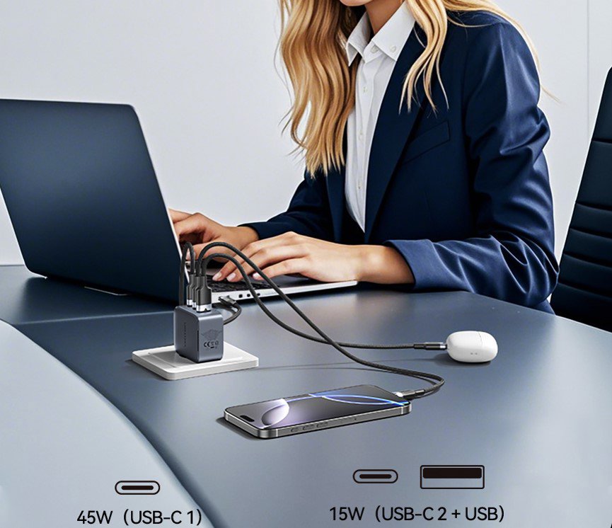 Nabíječka do sítě Vention 3-Port USB (C+C+A) GaN Charger (70W/70W/22.5W) EU-Plug Gray