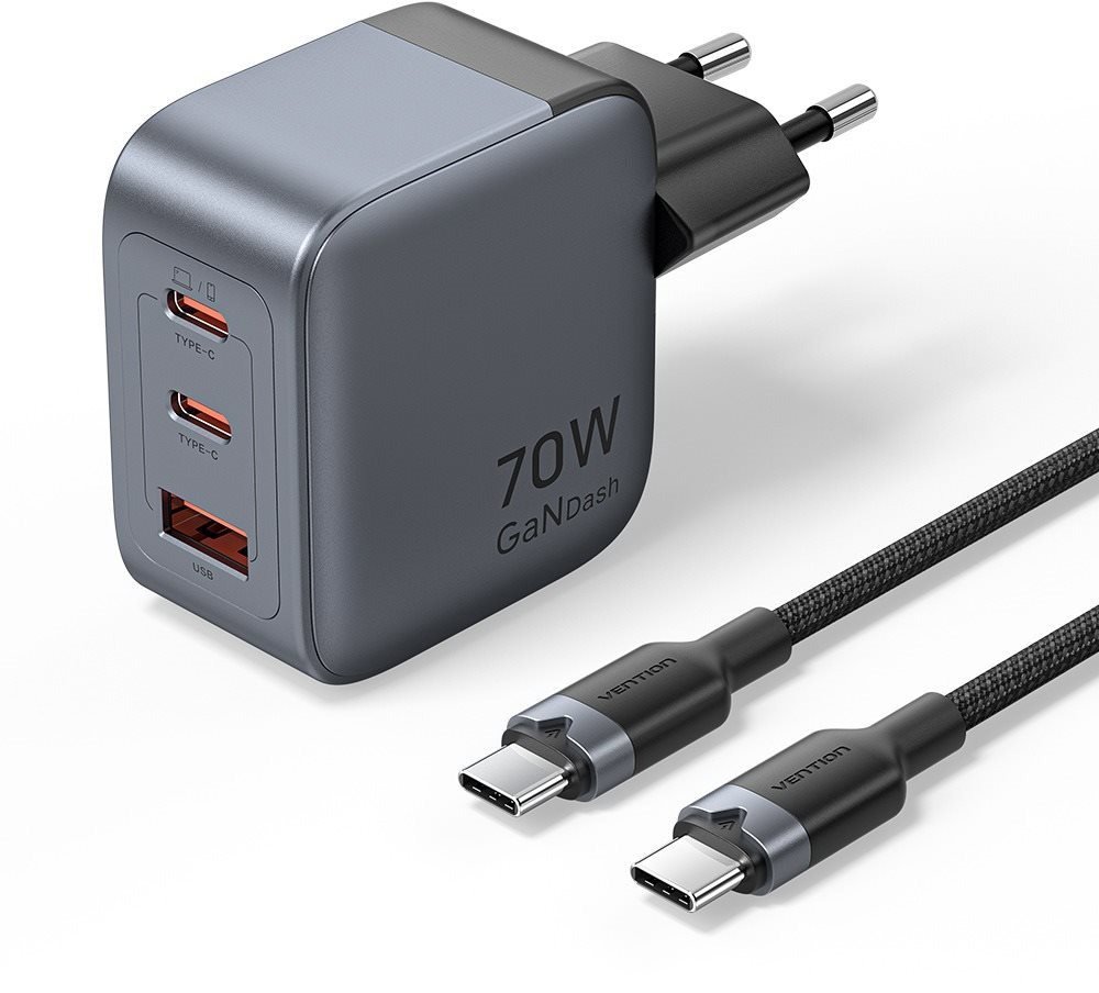 Nabíječka do sítě Vention 3-Port USB (C+C+A) GaN Charger (70W/70W/22.5W) Gray with USB-C to USB-C Cable (1M) Black