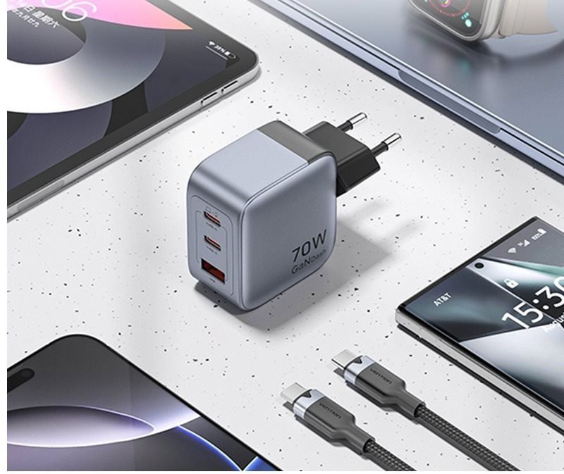 Nabíječka do sítě Vention 3-Port USB (C+C+A) GaN Charger (70W/70W/22.5W) Gray with USB-C to USB-C Cable (1M) Black