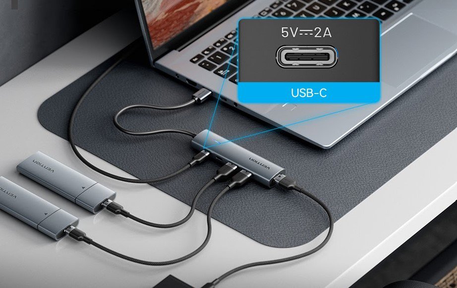 USB Hub Vention USB 3.0 to 2x USB-C / 3x USB 3.0 Hub 0.15M Gray Aluminum Alloy Type