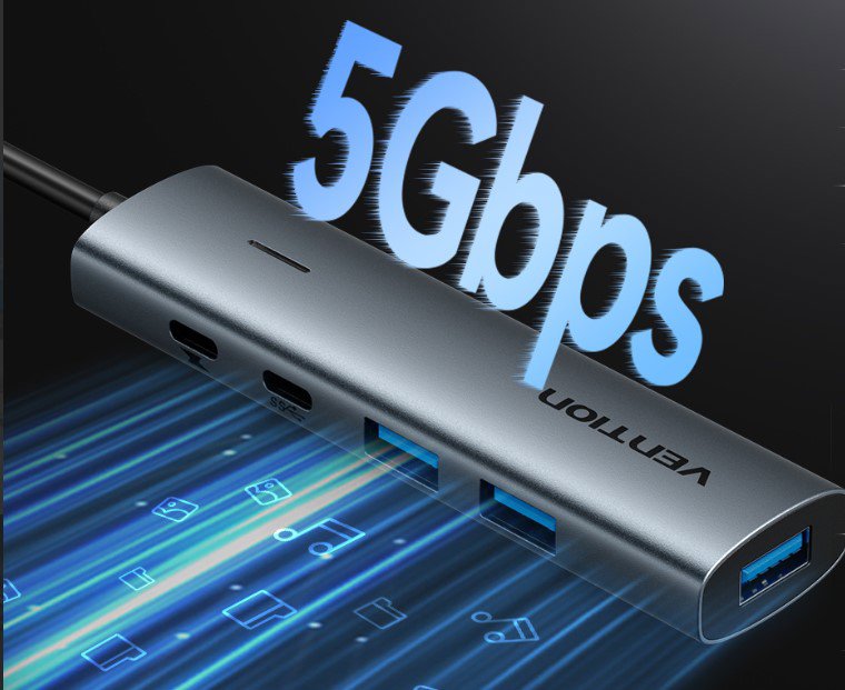 USB Hub Vention USB 3.0 to 2x USB-C / 3x USB 3.0 Hub 0.15M Gray Aluminum Alloy Type