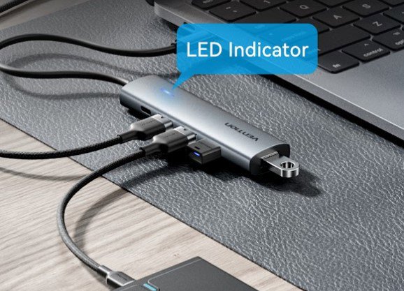 USB Hub Vention USB-C to USB-C / 4x USB 3.0 Hub 0.15M Gray Aluminum Alloy Type