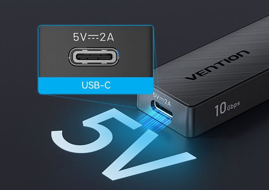 USB Hub Vention 5-in-1 USB 3.2 to 2 x USB-C / 2 x USB 3.2 Gen 2 10G Hub 0.15M Black