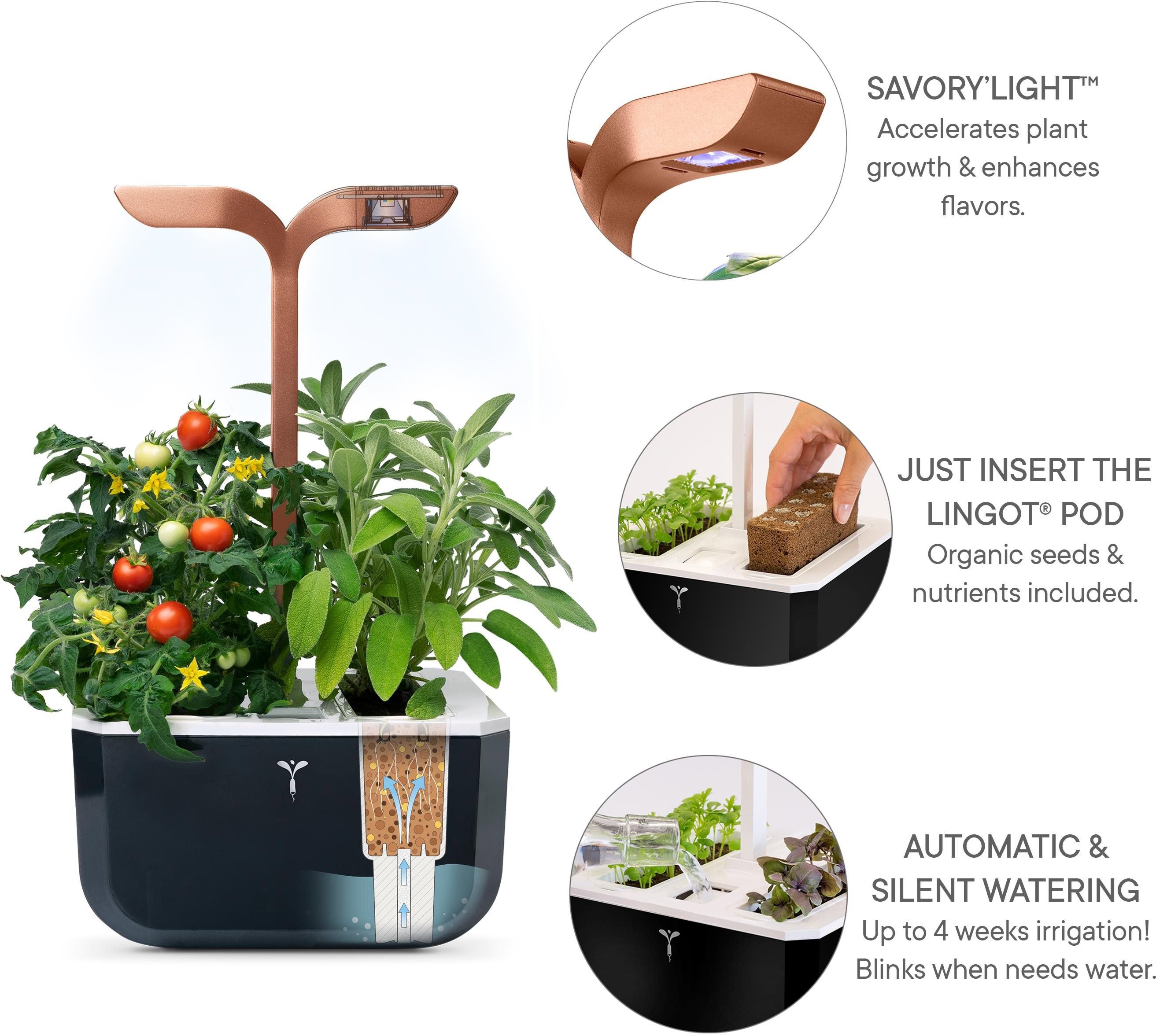 Chytrý květináč Exky Smart Automatický květináč s regulací osvětlení černě měděný + 2 bylinkové náplně