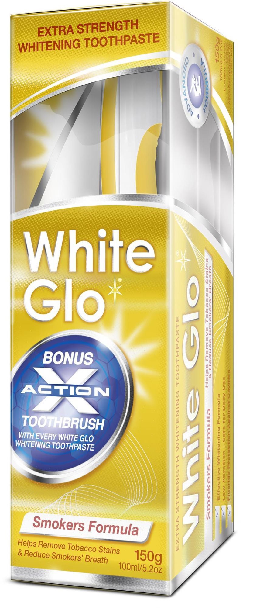 Sada pro dentální hygienu WHITE GLO Smokers pro kuřáky 150 g + zubní a mezizubní kartáček