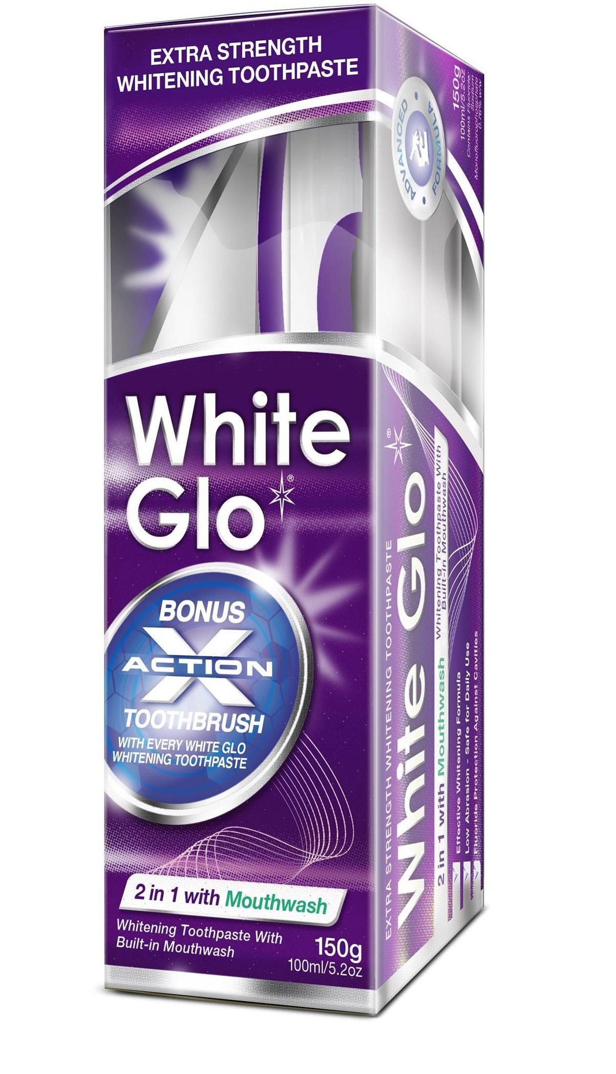 Sada pro dentální hygienu WHITE GLO bělící zubní pasta s ústní vodou 2v1, 150 g + zubní a mezizubní kartáček