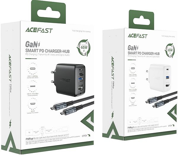 Netzladegerät ACEFAST GaN Ladegerät 65W USB-C + USB-A + HDMI HUB + USB-C Kabel Schwarz ...