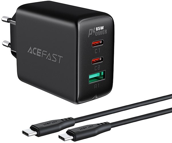 Netzladegerät ACEFAST GaN Ladegerät 65W (2x USB-C + USB-A) + USB-C Kabel Schwarz ...