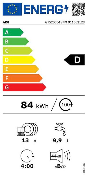 Beépíthető mosogatógép AEG 5000 GT5200D1SNM Energia címke