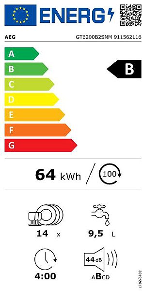 Built-in Dishwasher AEG 6000 GT6200B2SNM Energy label
