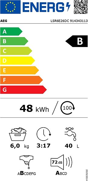 Narrow Washing Machine AEG 6000 ProSense™ LSR6E26DC Energy label