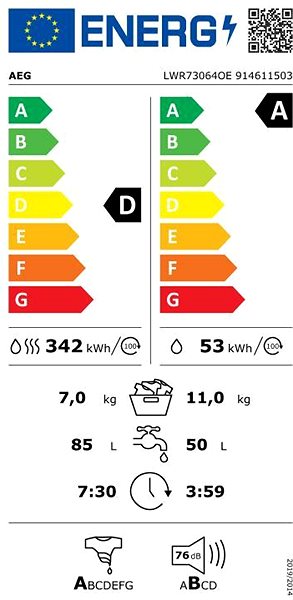 Washer Dryer AEG LWR73064OE Energy label
