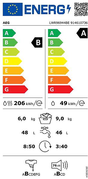 Steam Washing Machine with Dryer AEG 9000 AbsoluteCare® LWR96944BE Energy label