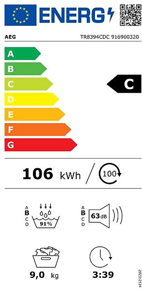 AEG 8000 AbsoluteCare® TR8394CDC tumble dryer energy label
