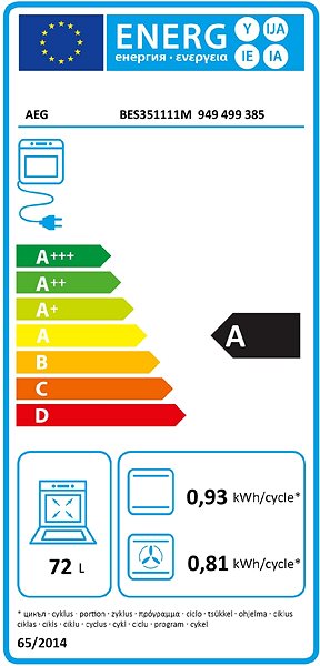 Built-in Oven AEG Mastery SteamBake BES351111M Energy label