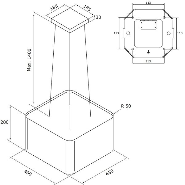 Extractor Hood AIRFORCE F181 POP TLC 45 BK Technical draft