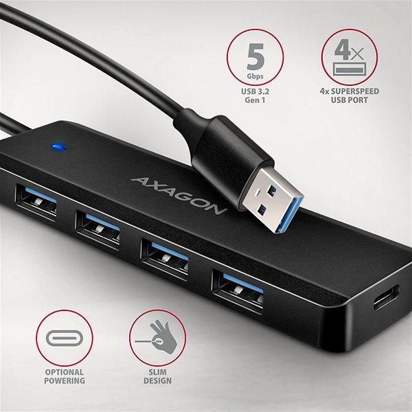 USB hub AXAGON HUE-C1A TRAVEL Hub, USB-A 5Gbps, 4x USB-A, USB-C power IN, cable 19 cm ...